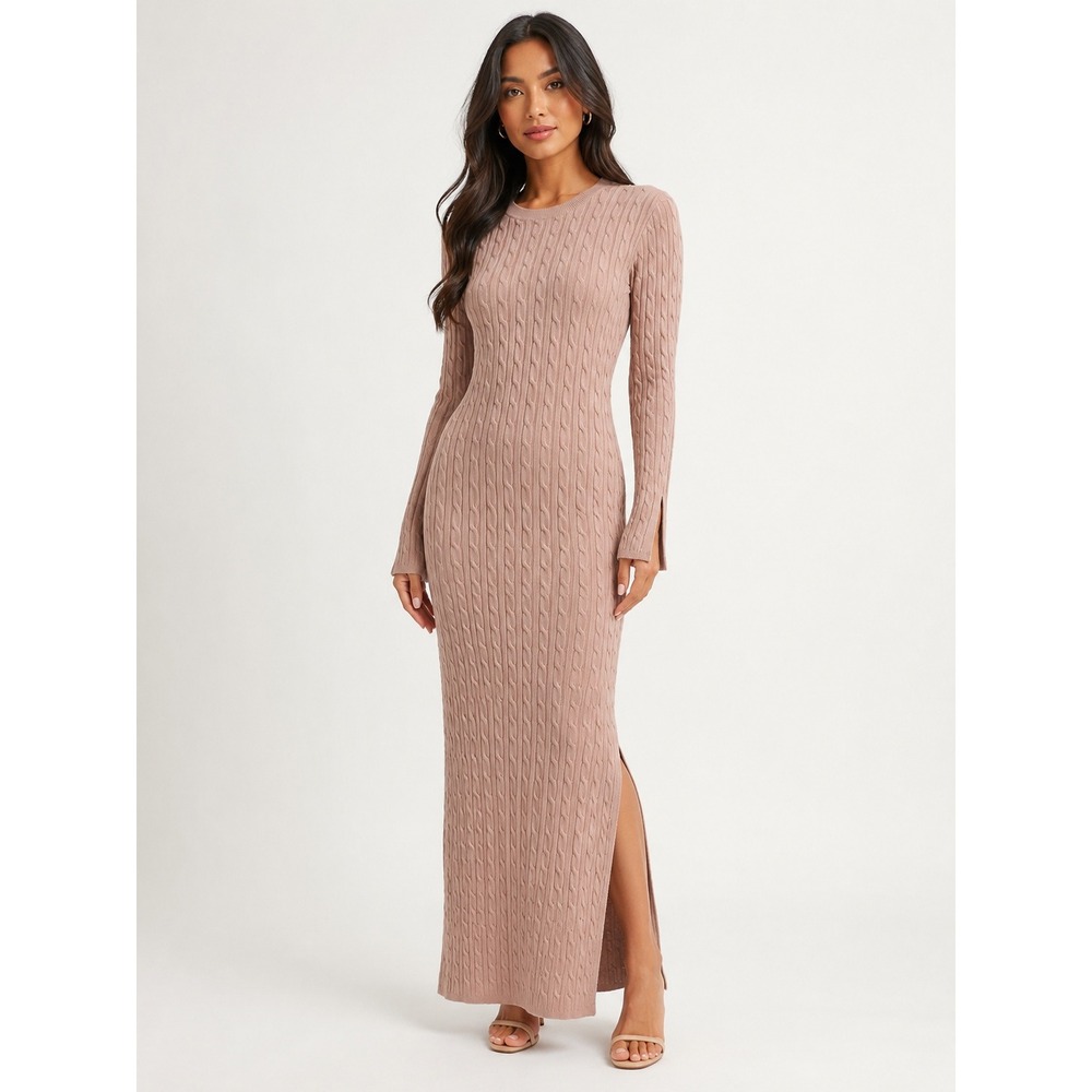 4th & Reckless NWOT 49Y Mocha Tan Cable Knit‎ Maxi Dress Long Sleeve Side Slit M